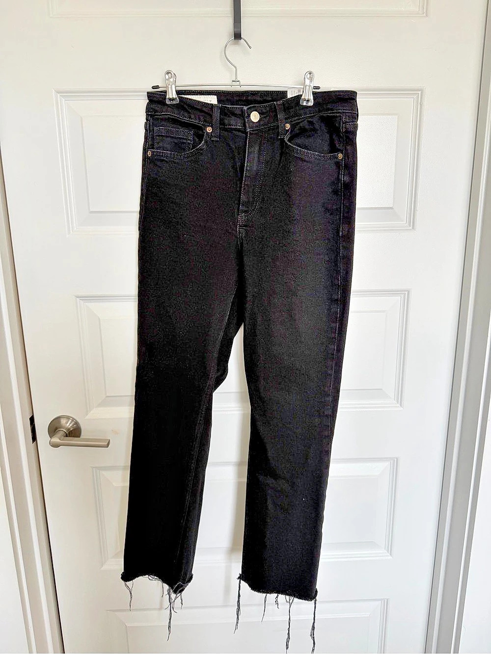 Zara Black High Rise Straight Leg Jeans with Raw Hem Black Ankle-Cropped Raw Hem